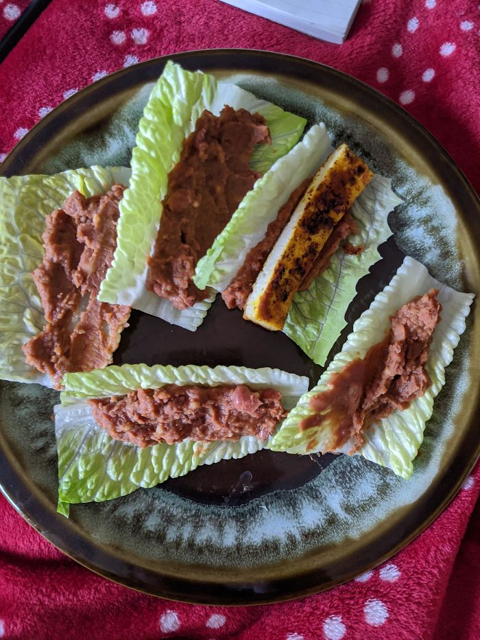Ran Out Of Tofu. Refried Beans And Romaine Lettuce Wraps