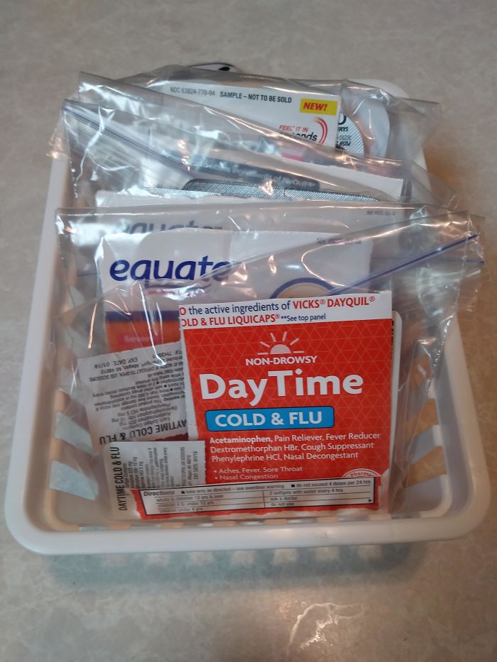 My Wife Had An Idea To Save Some Space In Our Medicine Cabinet. She Clipped Off The Cover And Instructions For Each Med And Placed In Separate Bags