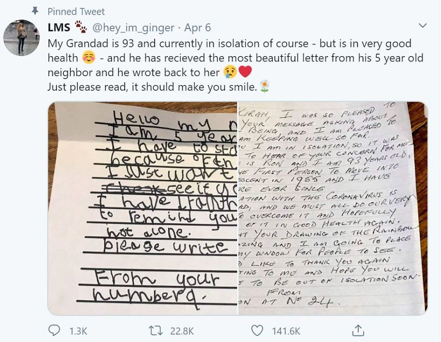 A Five-Year-Old Girl Writes A Heartfelt Letter To Her 93-Year-Old Neighbour In Isolation