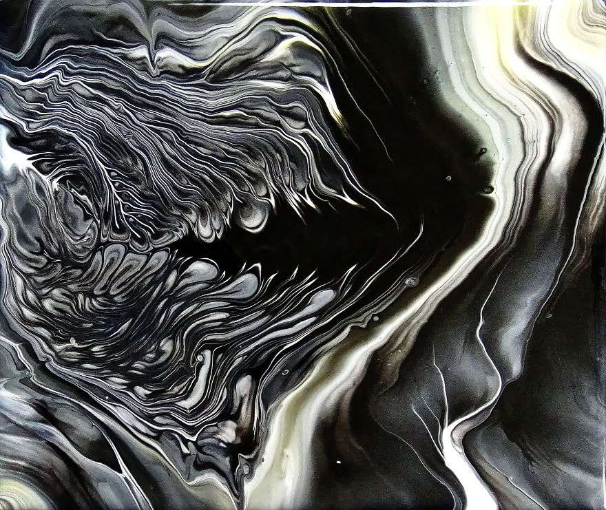 I Poured Black, White, Gold, And Silver Acrylic Paint Together And Got A Painting I Wasn't Expecting