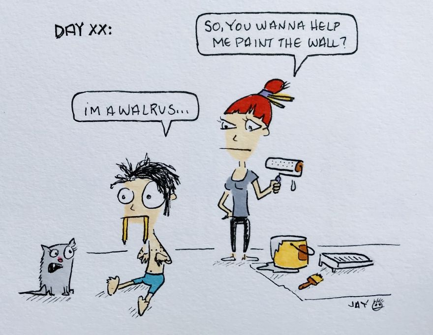 I Illustrated Each Day Of Quarantine With My Wife And A Cat (20 Pics)