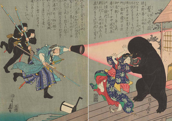 Japanese Ukiyo-E(Woodblock Prints) From @ukiyoeota Collections? This Black Creepy Monster Is Biting Off Woman's Hair! 