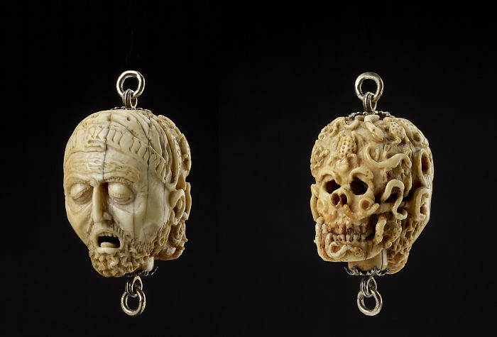 Ashmolean Museum's Carved Pendant With A Dead Man's Face On One Side And A Decaying Skull With Worms And Other Creatures On The Reverse