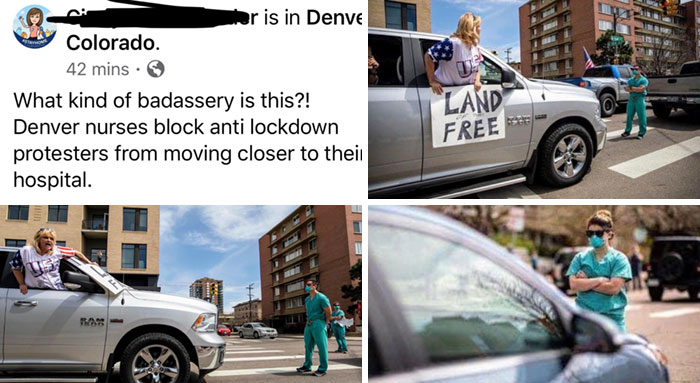 Denver Nurses Block Lockdown Protestors From Moving Closer To Their Hospital.