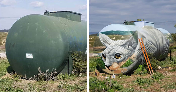 Street Artist Paints A Mind-Bending Illusion Of A Sphynx Cat On An Old Gas Tank
