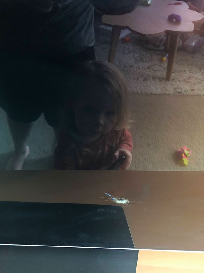 3-Year-Old Threw A Toy Through The TV Screen This Morning. Now She Keeps Trying To Turn It On Saying "It's Broken". Yeah, No S**t Professor