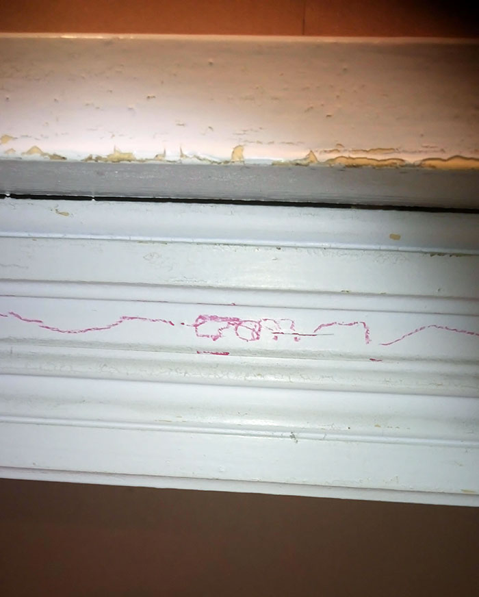 My 7-Year-Old Drew On The Walls And Furniture In His Bedroom And Tried To Pin In On His 3-Year-Old Sister. He Almost Got Away With It, But As A Good Artist Should, He Signed It With His Name