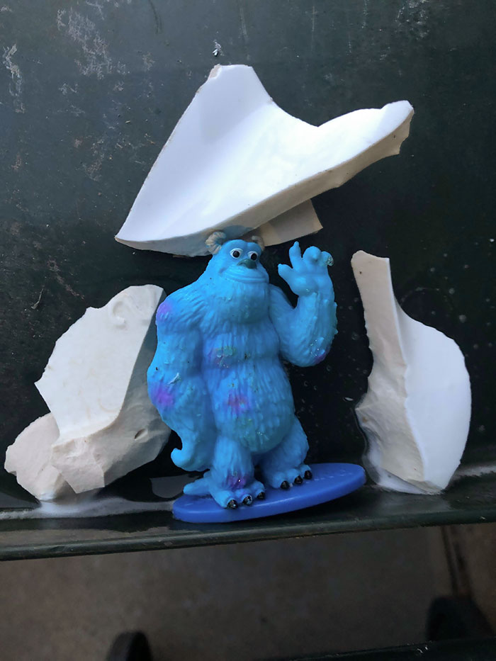 Had To Replace And Shatter My Toilet To See What The Blockage Was. My 2-Year-Old Had Flushed Sully In There. Even He Looks Guilty