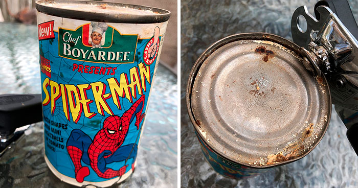 Guy Opens A Can Of Spider-Man Pasta From 1995