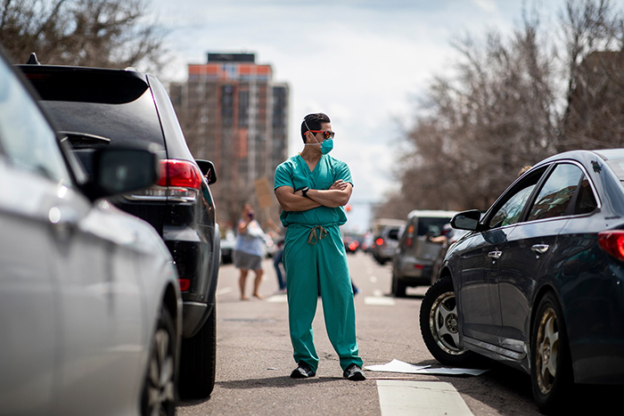 Medical Workers In Denver, Colorado Block Quarantine Protesters