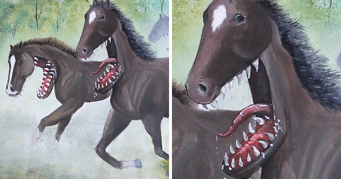 30 Thrift Shop Paintings Made Interesting Again With Funny Monsters By Chris McMahon