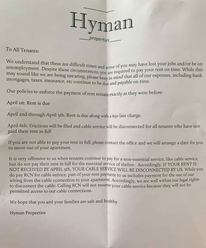 The Following Letter Has Went Out To Residents Of Hyman Properties