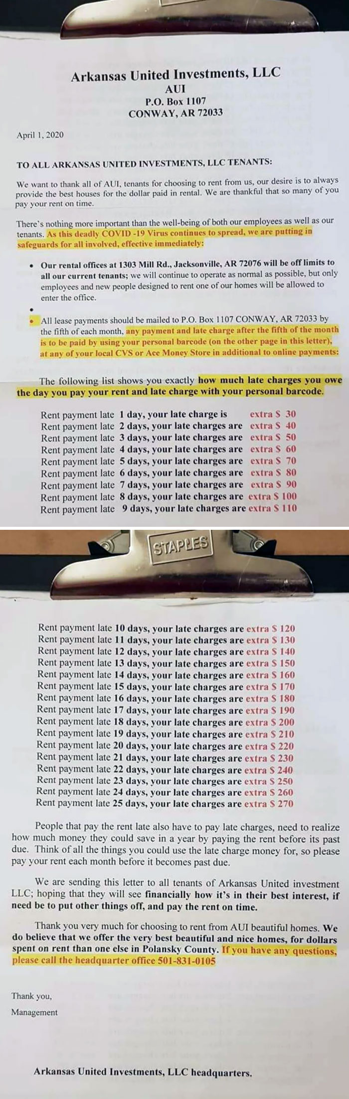 Nope, This Wasn't An April Fool's Joke. Landlord's Still Charging Late Fees, Spelled The County Name And Several Other Words Wrong, And Is Even Asking For People To Pay Rent In Advance To "Save Money"