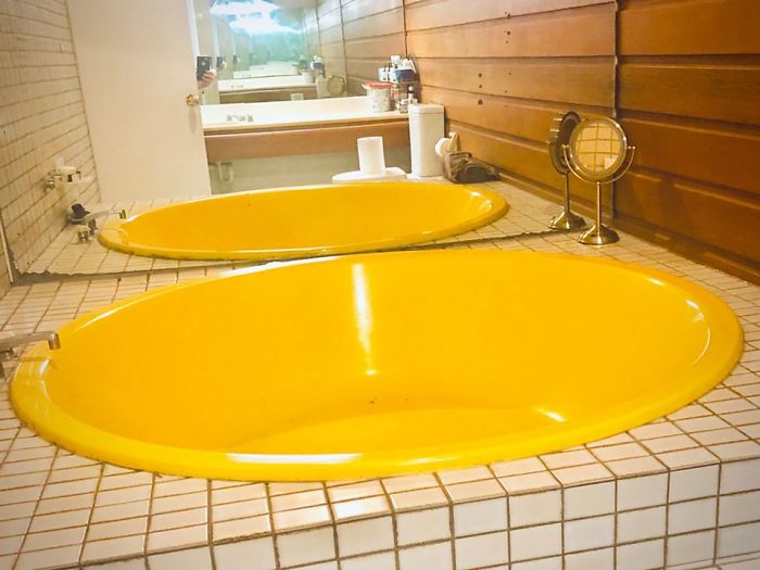 You’ve Seen The Lavender Bathroom. You’ve Seen The Lime Green Bathroom. I Humbly Add My Jarringly Bright Sunshine Yellow Round Kiddie Pool Sized Bathtub!