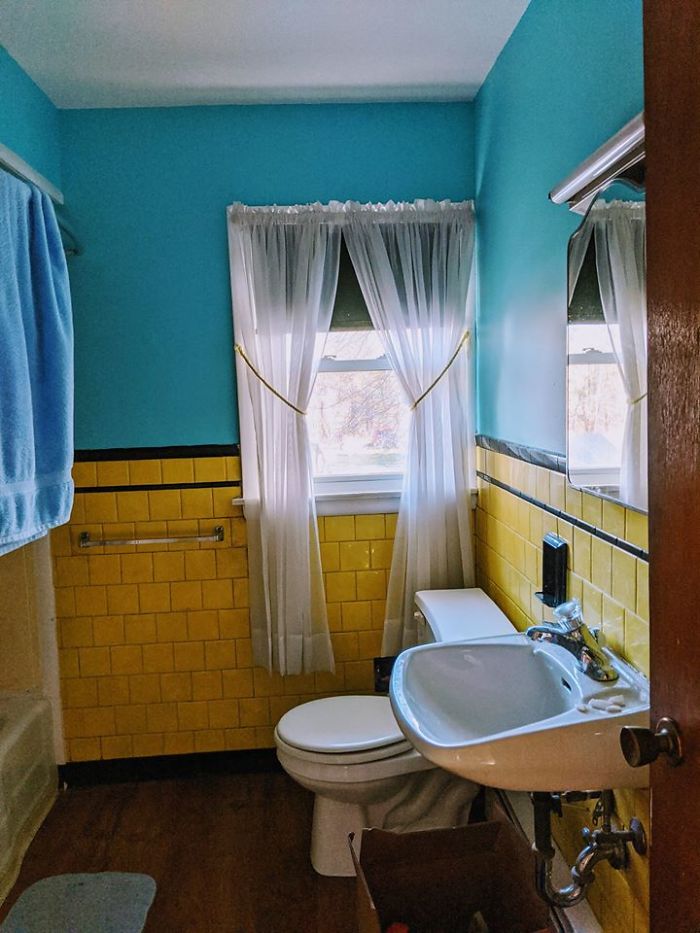 The Real Estate Lady Said "I Would Keep The Subway Tiles, But You Can Easily Paint Over That Crazy Blue!" What?!? I Love The Bright Yellow With This Blue!