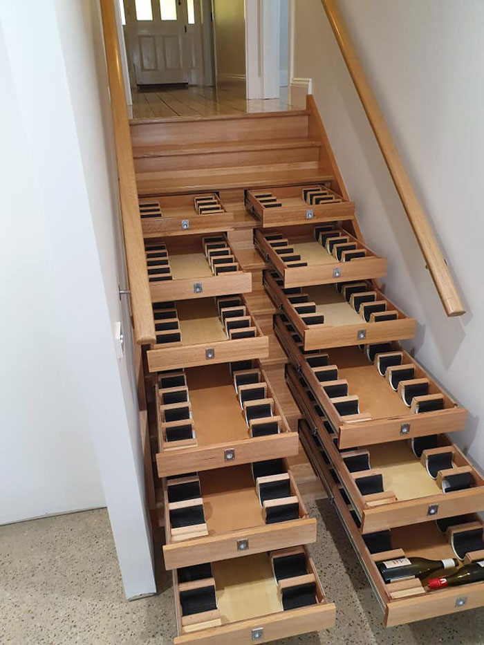 Builder Transforms Staircase Into Wine Cellar In A Week And A Half Using Bunnings Drawers
