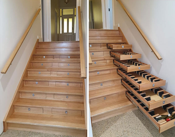 Builder Transforms Staircase Into Wine Cellar In A Week And A Half Using Bunnings Drawers