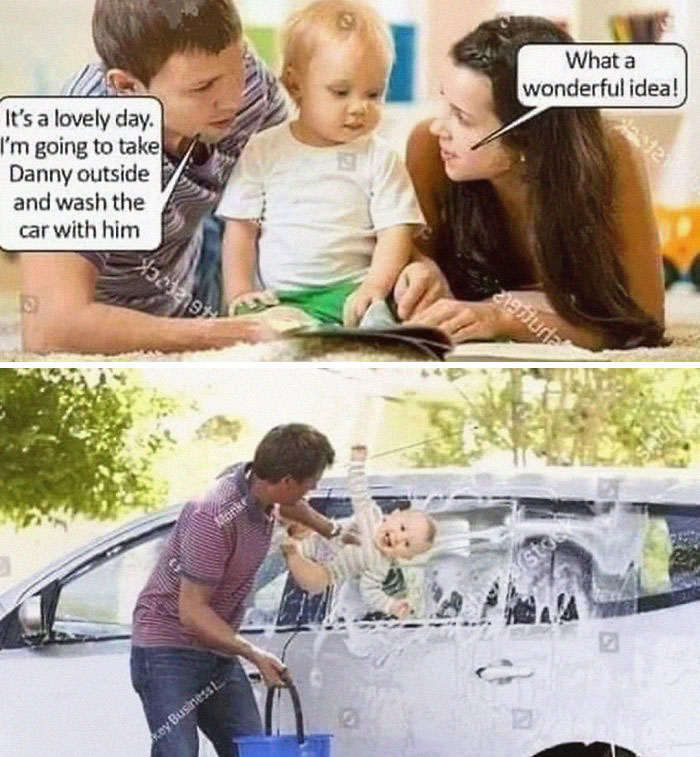 Dad using baby to wash car pun