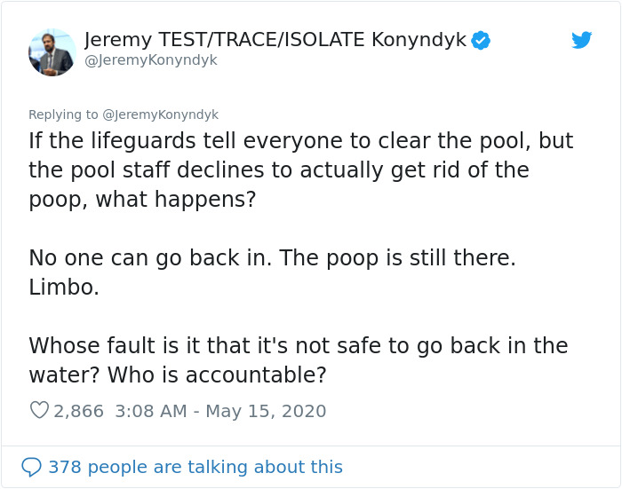 This Man Perfectly Puts The US Reopening Question In Perspective By Comparing Coronavirus To Poop In A Pool
