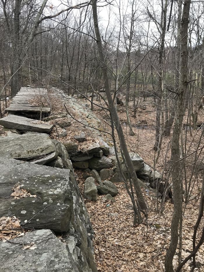 Went Hiking In Massachusetts. Found This Huge “Staircase” About 20 Feet Tall. Completely Flat On The Other Side. What Could It Be?