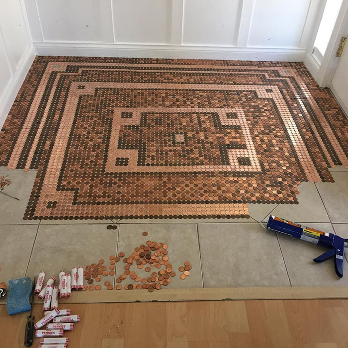 Artist Works On A DIY Project To Create This Stunning Mosaic Floor Out Of 7,500 Pennies