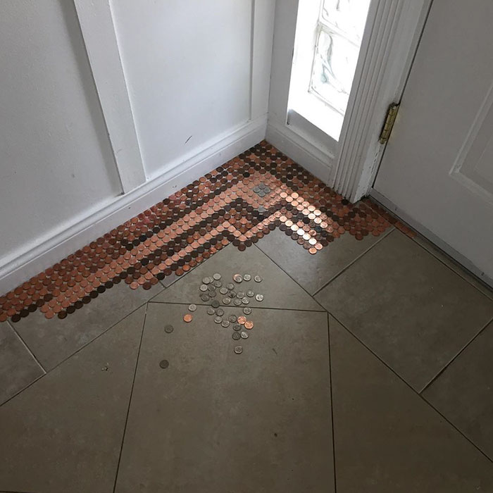Artist Works On A DIY Project To Create This Stunning Mosaic Floor Out Of 7,500 Pennies