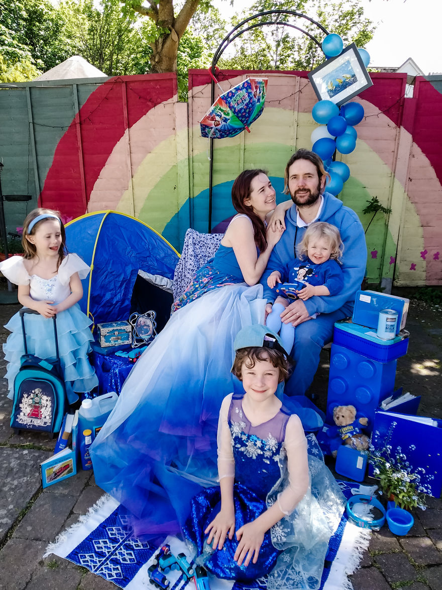 Alternative Wedding Dress Designer Who Loves Colour Has Fun In Lockdown With A Rainbow Of Family Portraits.
