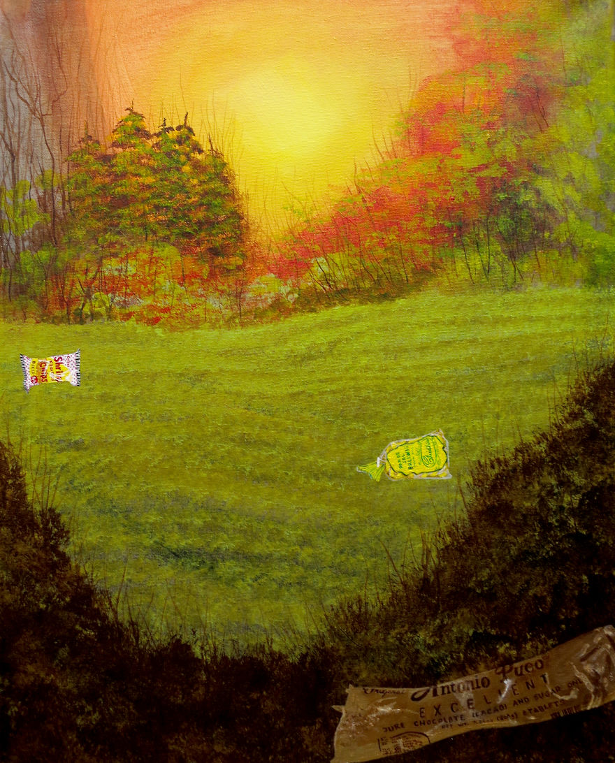 I Spent Quarantine Painting Intricate Pieces Of Litter Into My Traditional Nature Landscapes.