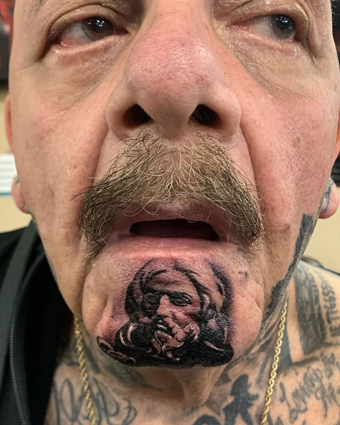 Tatted This Bernini Jesus On His Chin Today. 70-Years-Old And Still Getting Blasted