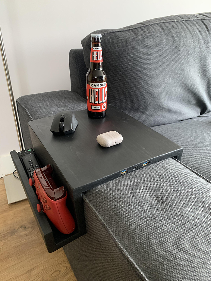 My Covid-19 and first ever woodworking project. Sofa armrest with integrated wireless charger and usb pass through