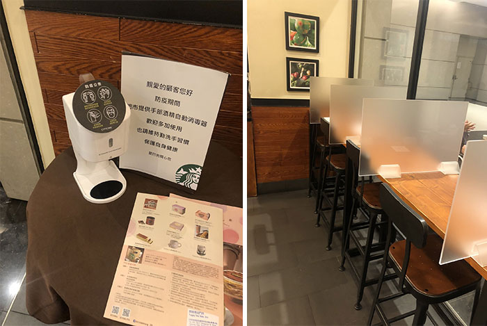 Starbucks In Taipei, Taiwan, Customers Are Greeted With An Automatic Hand Sanitizer, And Shared Tables Are Sectioned Off With Dividers