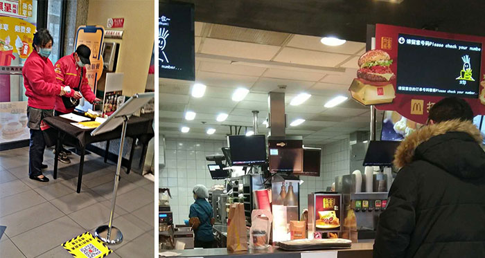 McDonald's In Beijing. Temperature Check And Name / Phone Registration Inside Door. All Staff, Including At The Visible Open Kitchen, Wear Masks. Temperature Of Staff Listed On Takeout Items
