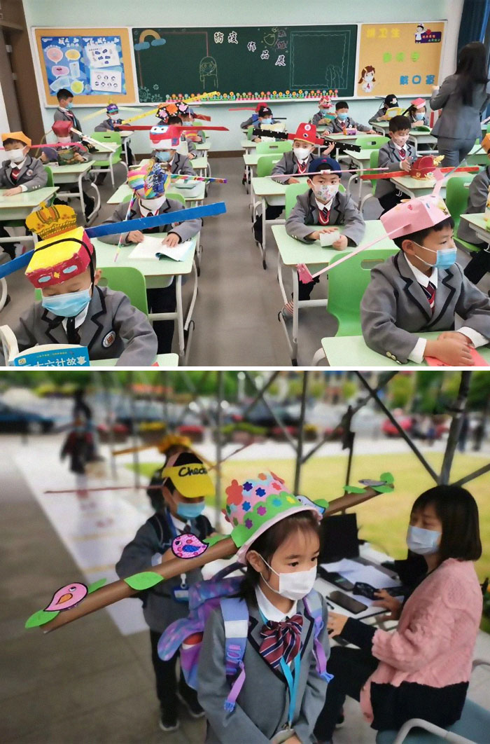 Students At Yangzheng Primary School In Hangzhou Wear DIY “One-Meter Hats” On The First Day Of The New Semester. The Headmaster Said The Initiative Aims To Help Students Get Accustomed To Social