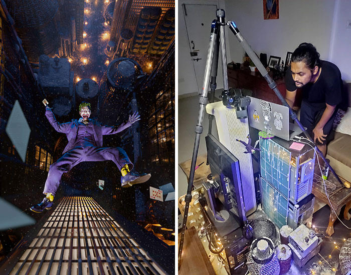 This Photo Of The Joker Free-Falling Was Made Using An Action Figure And Things Around The House
