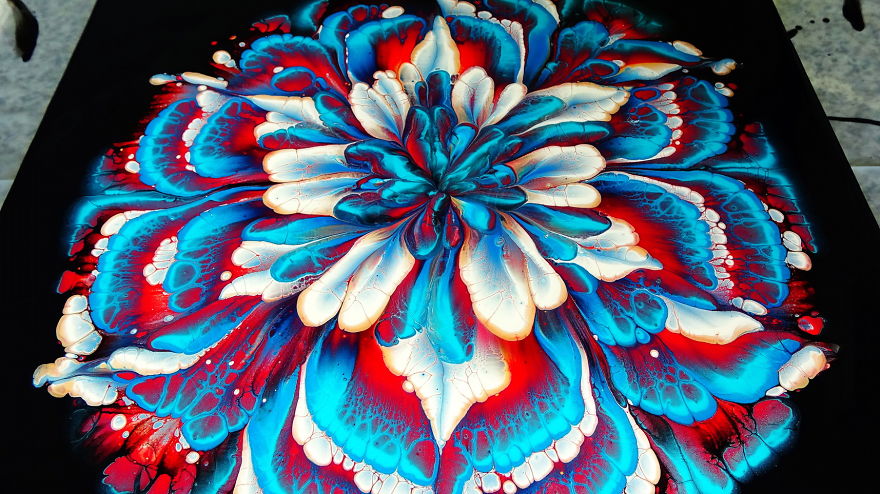 Cup Bottom Acrylic Pour Flower Painting ~ Turquoise And Red ~ Paint #withme