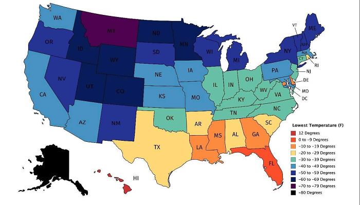 Map Of Lowest Recorded Temperature In Each Us State (Fahrenheit)