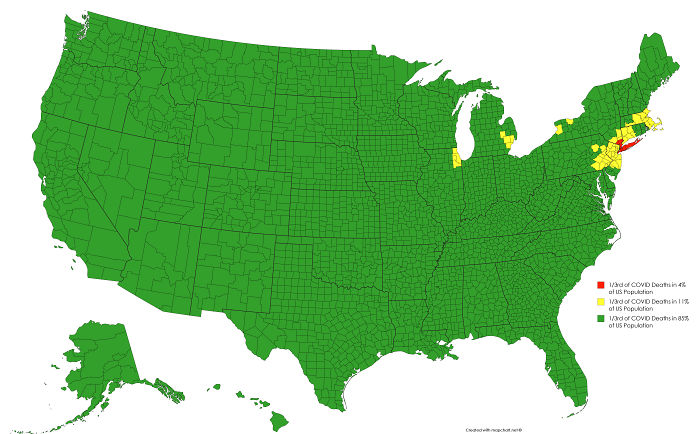 USA Country Map Divided By 1/3rds Of Covid Deaths