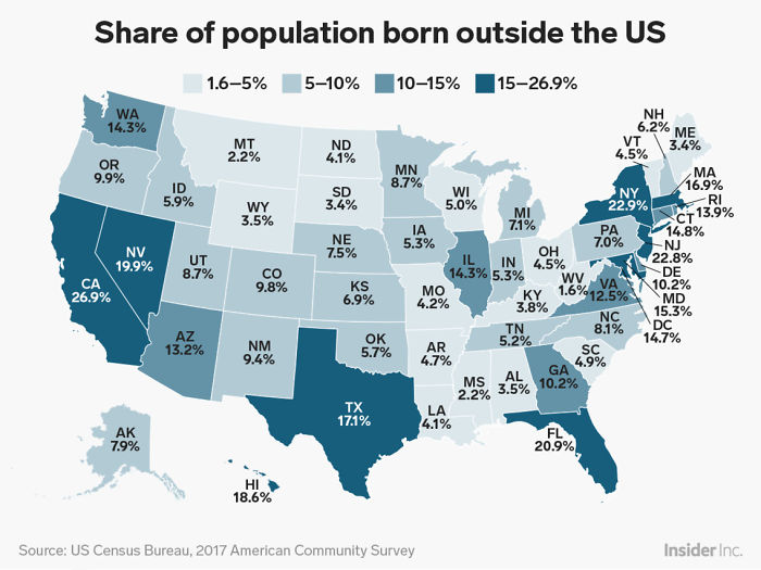 Porcentaje de gente que no ha nacido en EEUU en cada estado