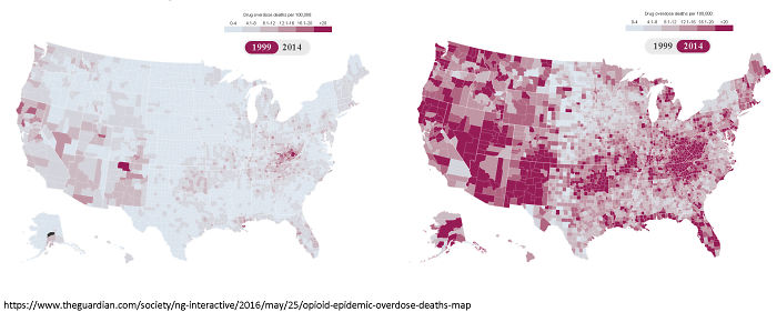 Muertes por sobredosis cada 100000 personas, en 1999 y 2014