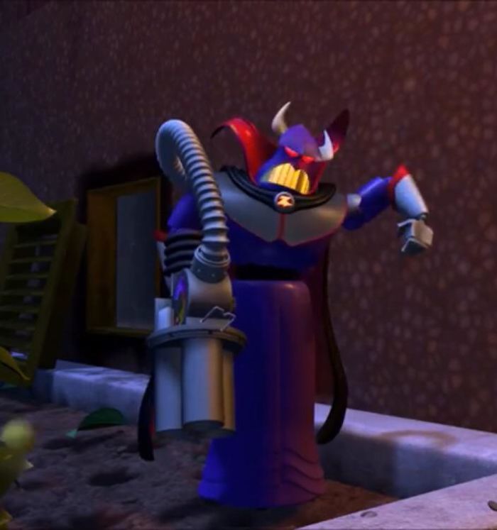 In Toy Story 2 [1999], You Can See That Zurg Is Visibly Damaged After His Fall From The Elevator. The Iron Sights On His Ion Blaster Are Broken, One Of His Horns Is Bent, And One Of His Mouth Lights Is Malfunctioning. (Managed To Screenshot All Three At Once.)