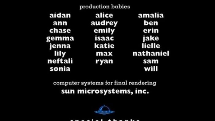 Beginning With Their First Full Length Feature Toy Story (1995) The Credits For All Pixar Movies Include "Production Babies". These Are The Children Born To Anyone At Pixar During The Making Of The Movie