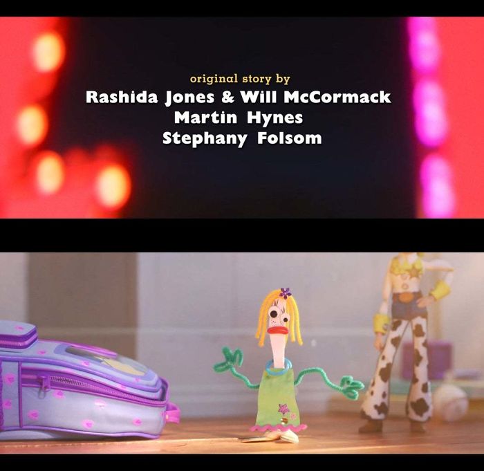 In Toy Story 4 (2019) Rashida Jones And Will Mccormack Are Still Credited As Writers Despite Leaving Due To Certain Issues And An Alledged Incident With John Lasseter. Despite All This, Rashida Is Also Given Voice Acting Credits As She Also Voiced Knifey From The Mid Credit Scene