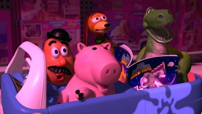 Toy Story 2 (1999) Going Through Al's Toybarn, Slinky Complains That They're Lost And Have Been Down The Aisle Already, In Which Potato Head Replies: "We've Never Been Down This Aisle Before, It's Pink!". All The Aisles Look The Same To Slinky Because Dogs Are "Colourblind"