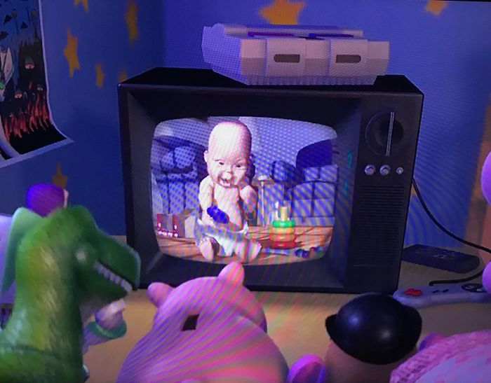 In Toy Story 2, When The Pig Starts Flipping Through The Channels Super Fast, Most Of The Channels Show Shots From Tin Toy (Including This Famously Creepy Baby), One Of The Original Pixar Shorts