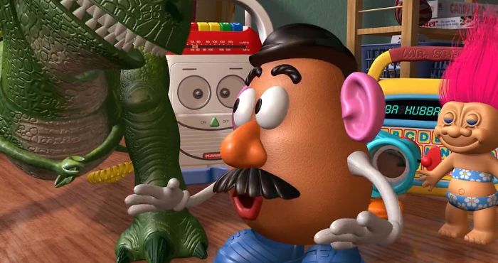 At The End Of Toy Story (1995), When Its Announced Andy Got A Mrs. Potato Head For Christmas, You Can See Behind Mr. Potato Head That Mr. Spell Is Writing “Hubba Hubba”. This References How Mr. Potato Head Was Begging For A Wife Earlier In The Movie