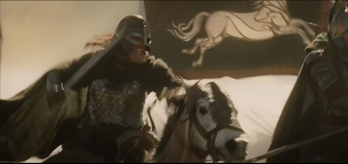 In "The Return Of The King (2003)", During The Epic Scene Of The Rohirrim Charge Peter Jackson Requested That Only Extras Who Have Read The Novel And Could Recite The Scene, To Be Placed In The Front Lines As They Are Aware Of The Importance Of This Moment. It's How He Ended Up With This Epic Rider