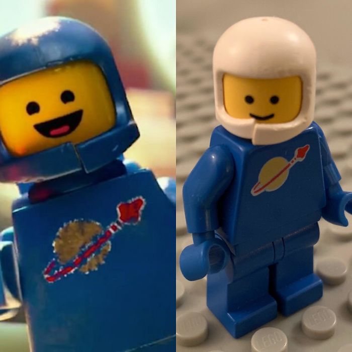 In The LEGO Movie (2014) Benny The Spaceman Has A Broken Helmet. This Used To Happen To The Original LEGO Pieces. Picture Of My 80s Spaceman To The Right