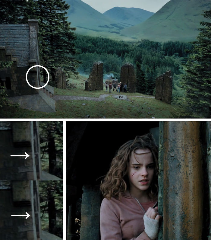 In Harry Potter And The Prisoner Of Azkaban (2004), In An Earlier Scene Where Hermione Confronts Malfoy, A Very Tiny Hand Could Be Briefly Seen Inside The Stone Gate. Later A Time-Travelled Hermione Hides At The Exact Location, Watching Her Previous Confrontation