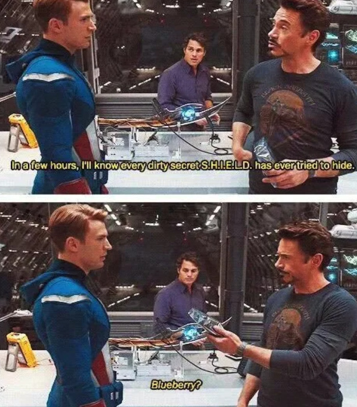 In The Avengers, Robert Downey Jr. Always Hid Snacks Around The Set For When He Got Hungry. One Day He Randomly Offered Chris Evans Blueberries In The Middle Of A Scene, And They Kept It In