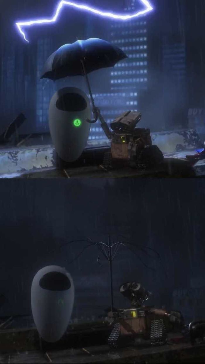 If You Look Closely After The Lightning Strikes The Umbrella Wall-E Is Holding The Electricity From The Bolt Charges His Battery Back To Full